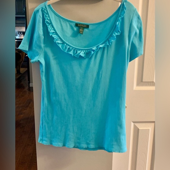 Ralph Lauren Blue Short Sleeve Ruffle Tee with Vibrant Style - Picture 1 of 3